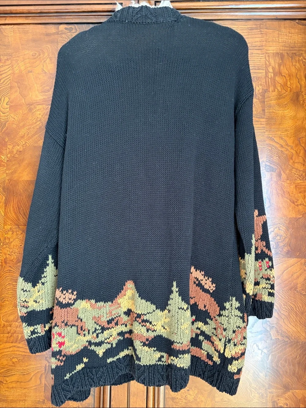 Cambridge Dry Goods No Tag Black Cardigan w Deer Forest Border Scene Flaw LG/XLG